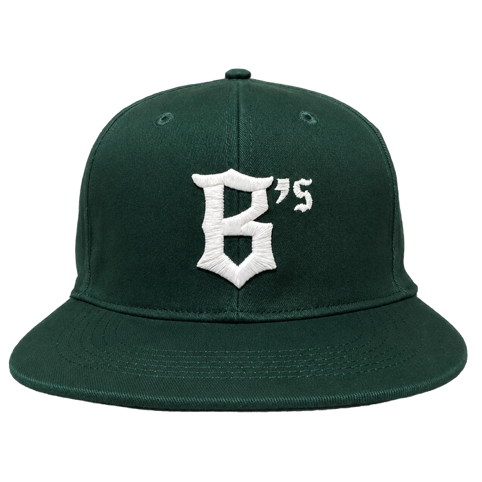 The Oakland Ballers Logo Hat by Oakland Ballers features a dark green flat brim, white embroidered "B’s" on the front, and is inspired by the Pioneer League team. Shown from the front against a plain white background.