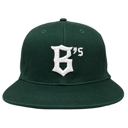 The Oakland Ballers Logo Hat by Oakland Ballers features a dark green flat brim, white embroidered "B’s" on the front, and is inspired by the Pioneer League team. Shown from the front against a plain white background.