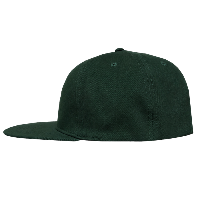 The Oakland Ballers Logo Hat by Oakland Ballers is a plain dark green cap with a flat brim, panel stitching, and small embroidered eyelets for ventilation, shown from the side against a white background.