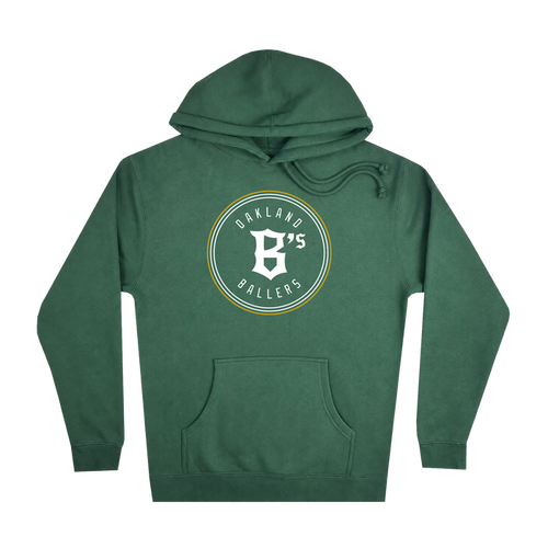 The Oakland Ballers Logo Heavyweight Hoodie by Oakland Ballers is a green sweatshirt featuring a large white "B" in a circular logo and "Oakland B’s Ballers" printed on the chest to celebrate the Oakland Ballers pro baseball team. This hoodie includes a front pocket, a drawstring hood, and is displayed against a plain white background.