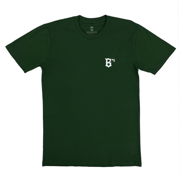B's logo in white ink on forest tee.