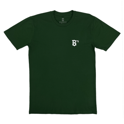 B's logo in white ink on forest tee.
