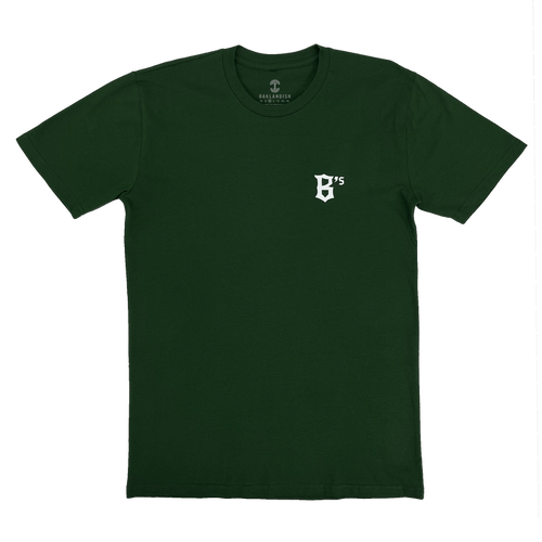 B's logo in white ink on forest tee.