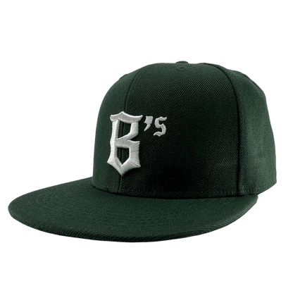 The Oakland Ballers Snapback by Oakland Ballers is a dark green cap with a flat brim, featuring a prominent white embroidered logo with the stylized text "B'5" on the front. Inspired by the professional baseball team, this cap boasts a smooth texture and simple design for a clean and modern look.