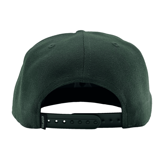 The Oakland Ballers Snapback is displayed from the back, showcasing its dark green color and snapback closure with multiple adjustment holes. The fabric looks durable, possibly made of either cotton or a blend. Small stitched vents on the sides provide ventilation.