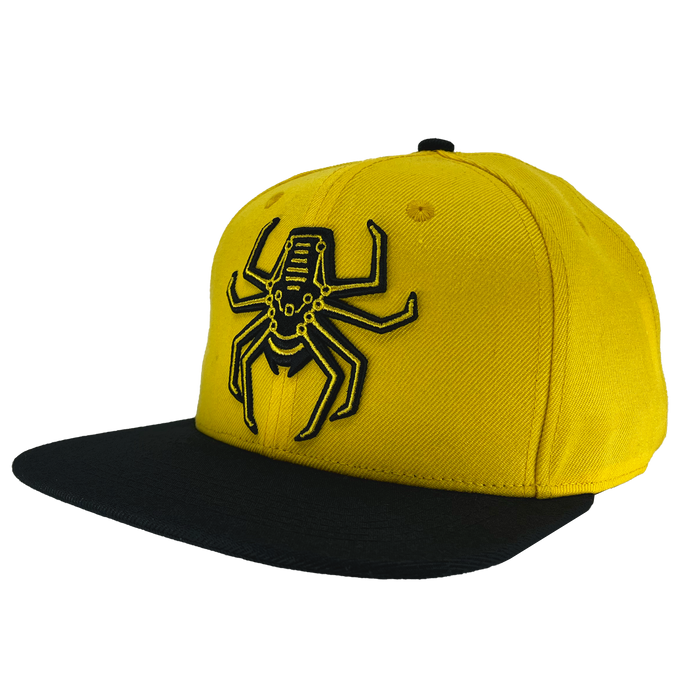 Angled view of yellow snapback hat with Oakland Spiders logo on crown and black brim.