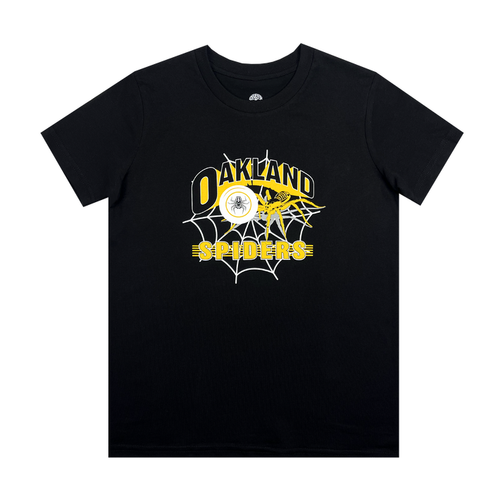 The Oakland Spiders Youth Tee from Supported Brands showcases a sleek black T-shirt with a graphic design that includes the text "Oakland Spiders" in vibrant yellow. Above the text, there is a web with a spider at its center, and another spider climbing on the "O" of "Oakland." The design masterfully combines white and yellow web elements with a black spider icon, making it an ideal choice for Ultimate Frisbee fans engaged in youth development.