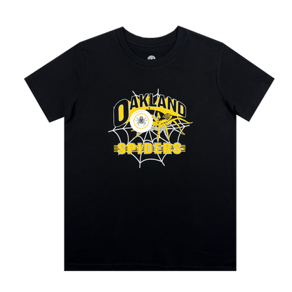The Oakland Spiders Youth Tee from Supported Brands showcases a sleek black T-shirt with a graphic design that includes the text "Oakland Spiders" in vibrant yellow. Above the text, there is a web with a spider at its center, and another spider climbing on the "O" of "Oakland." The design masterfully combines white and yellow web elements with a black spider icon, making it an ideal choice for Ultimate Frisbee fans engaged in youth development.