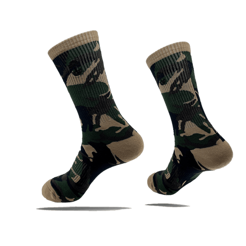 Side view of camo crew socks with a small black Oaklandish tree logo on the side calves.