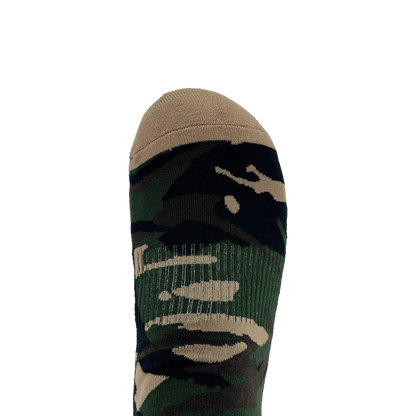 Close-up of the toe of a camo Oaklandish crew sock.