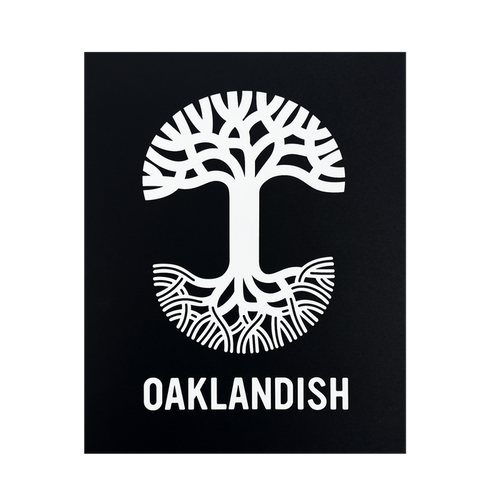 A black background showcases a striking white graphic of a tree creatively designed to resemble the letter "T," with the top half depicting branches and the bottom half depicting roots. Below this symbolic tree, "OAKLANDISH" is prominently featured in uppercase letters on a silver foil cardstock print, known as the Oaklandish New Logo Print by Never Elsewhere.