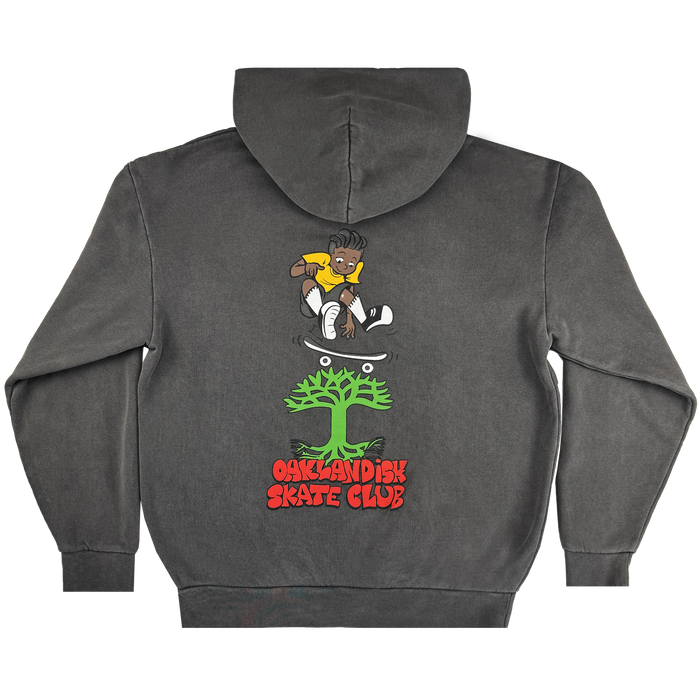 The Oaklandish Skate Club Hoodie by Oaklandish is a faded black pullover featuring a skateboarding graphic above a green tree and bold red "Oaklandish Skate Club" text, capturing skate culture's vibrant energy.