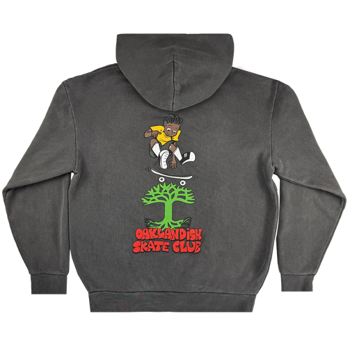 The Oaklandish Skate Club Hoodie by Oaklandish is a faded black pullover featuring a skateboarding graphic above a green tree and bold red "Oaklandish Skate Club" text, capturing skate culture's vibrant energy.
