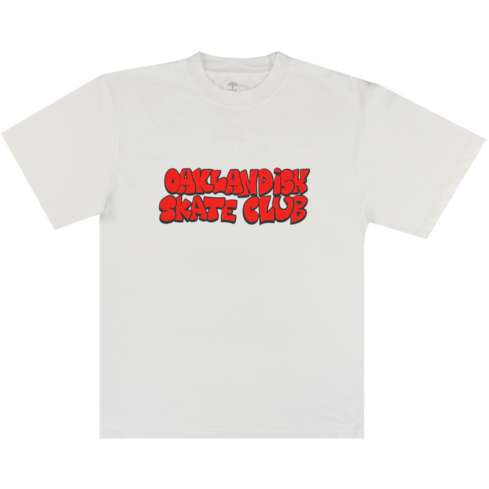 The Oaklandish Skate Club Tee by Oaklandish features “OAKLANDISH SKATE CLUB” in bold red bubble letters with black shadowing, paying tribute to skateboard culture. Shown laid flat on a white background for a fresh look.