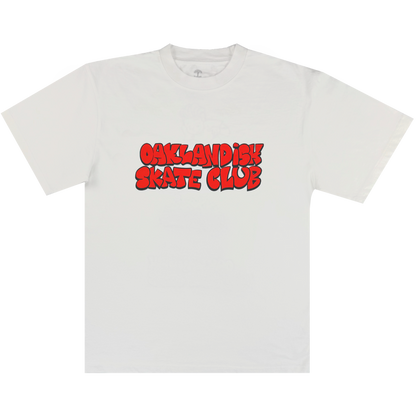 The Oaklandish Skate Club Tee by Oaklandish features “OAKLANDISH SKATE CLUB” in bold red bubble letters with black shadowing, paying tribute to skateboard culture. Shown laid flat on a white background for a fresh look.