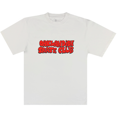 The Oaklandish Skate Club Tee by Oaklandish features “OAKLANDISH SKATE CLUB” in bold red bubble letters with black shadowing, paying tribute to skateboard culture. Shown laid flat on a white background for a fresh look.