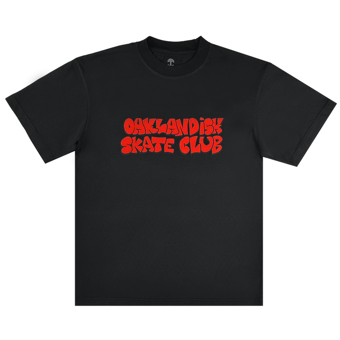 The Oaklandish Skate Club Tee by Oaklandish is a classic-fit black short-sleeve with bold red "OAKLANDISH SKATE CLUB" graffiti-style text, inspired by skate culture, shown laid flat on a white background.