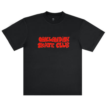 The Oaklandish Skate Club Tee by Oaklandish is a classic-fit black short-sleeve with bold red "OAKLANDISH SKATE CLUB" graffiti-style text, inspired by skate culture, shown laid flat on a white background.