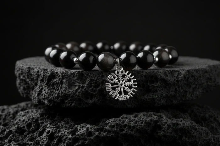 vkngjewelry Bracelet Obsidian and Hematite Viking Bracelet with Silver Vegvisir