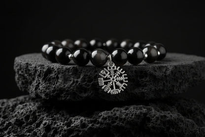 vkngjewelry Bracelet Obsidian and Hematite Viking Bracelet with Silver Vegvisir