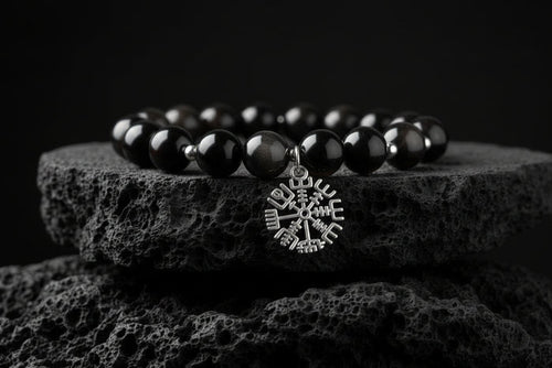 vkngjewelry Bracelet Obsidian and Hematite Viking Bracelet with Silver Vegvisir