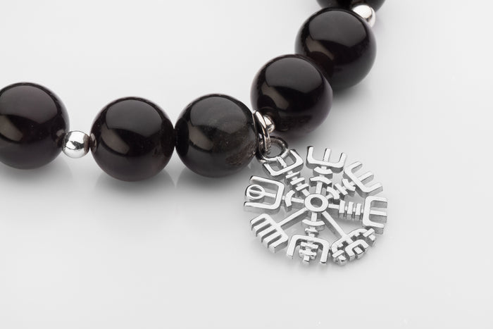 vkngjewelry Bracelet Obsidian and Hematite Viking Bracelet with Silver Vegvisir
