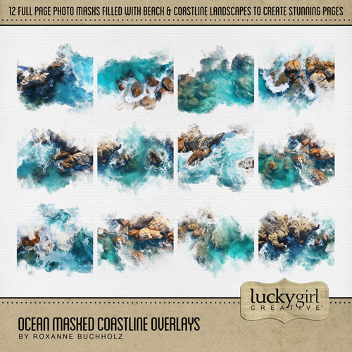 Summer beach days are here! Capture all your beach memories with these beautiful photographic 12" ocean coastline overlays with transparent edges by Lucky Girl Creative digital art that blend seamlessly into any background paper and make the perfect backdrop for all your scrapbook pages. Great for tropical vacations, beach and ocean adventures, Hawaii, California, the Caribbean, and more!