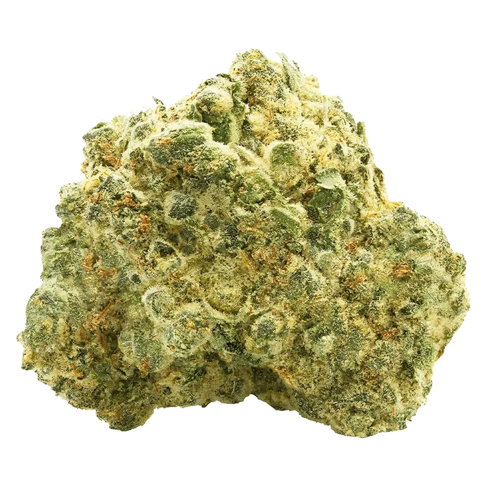 Close-up front view of an OG Kush cannabis bud showing dense green nugs dusted with frosty trichomes and orange pistils.