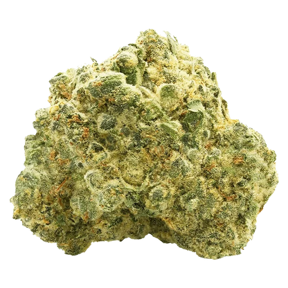 Close-up front view of an OG Kush cannabis bud showing dense green nugs dusted with frosty trichomes and orange pistils.