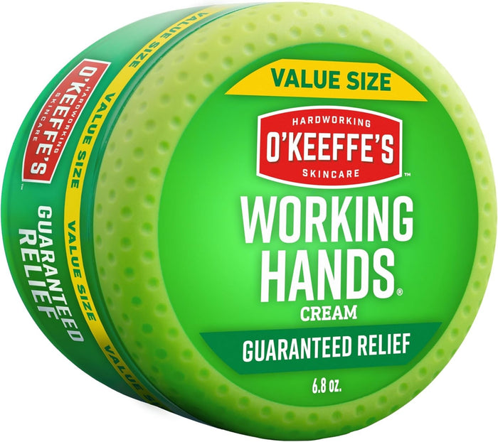 O'Keeffe's Working Hands skin care jar with 193g relief for extremely dry, cracked hands and feet, showing the product container.