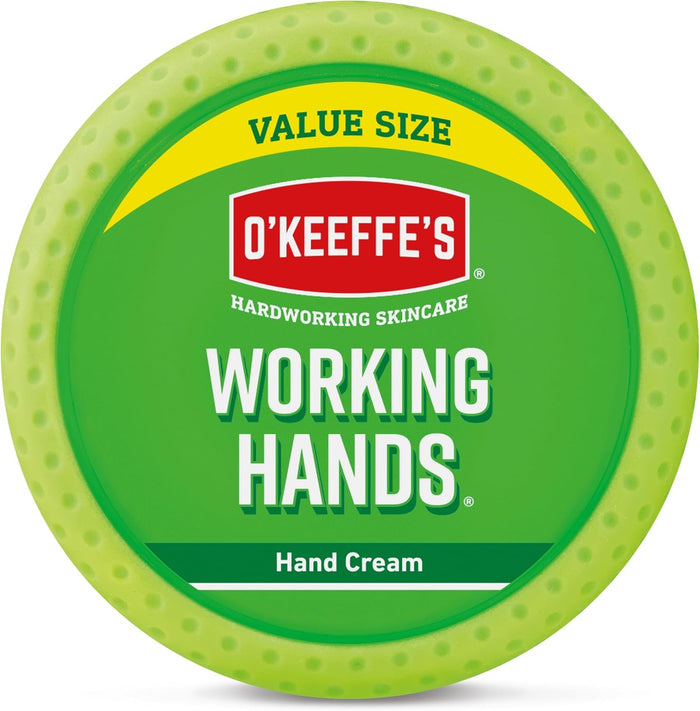 O'Keeffe's Working Hands skin care jar, 193g, showing the moisturizing hand cream for extremely dry, cracked hands and feet.