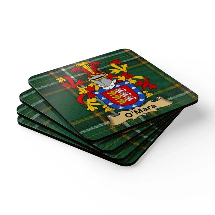 O'Mara Family Crest Tartan Pattern Coaster Set