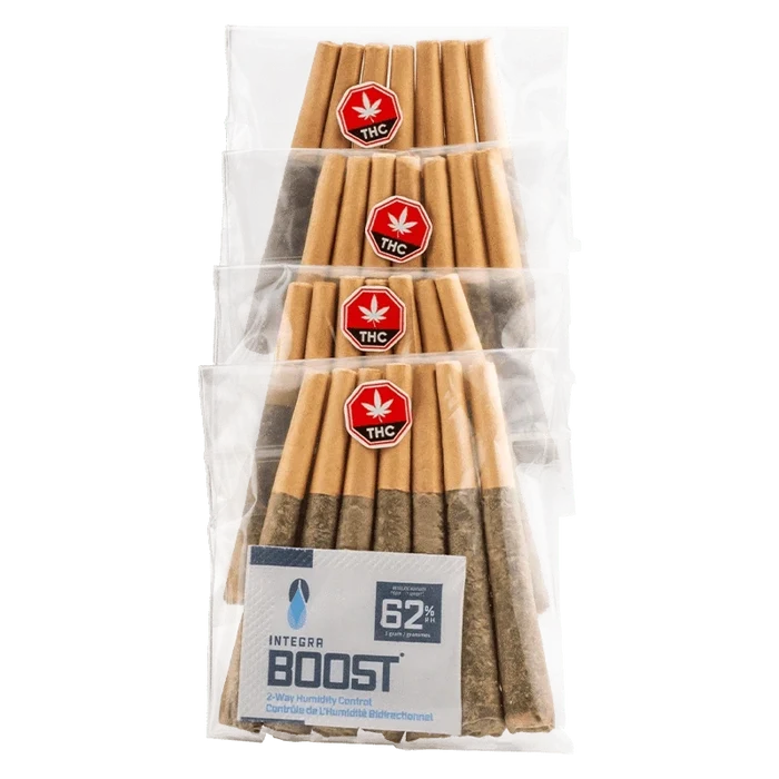 Stacked clear bags of prerolled cones shown from a slightly elevated front angle, each pack labeled "Orange Crush PR 28 x 0.5 g" visible with a red THC octagon.