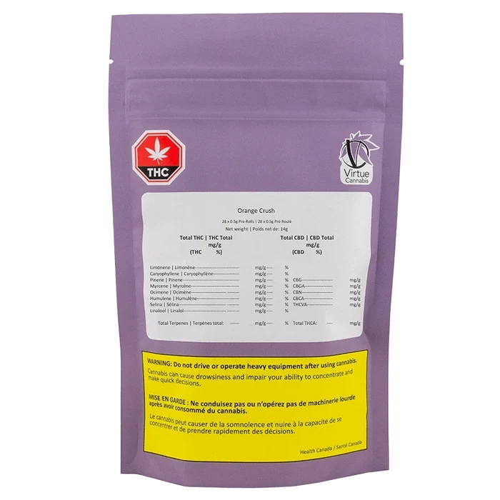Rear-facing shot of the purple pouch labeled "Orange Crush PR 28 x 0.5 g" with a white info panel, THC symbol and yellow warning box.