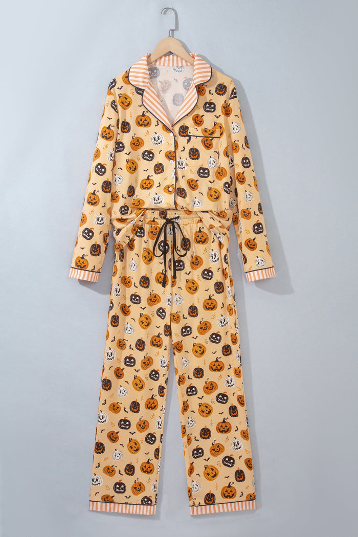 Orange Halloween Pumpkin Print Two Piece Long Sleeve Lounge Set 🇺🇸