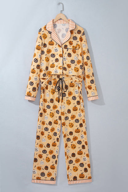 Orange Halloween Pumpkin Print Two Piece Long Sleeve Lounge Set 🇺🇸