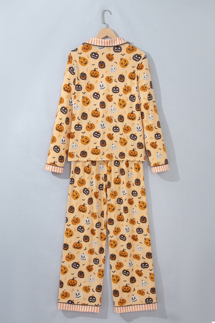 Orange Halloween Pumpkin Print Two Piece Long Sleeve Lounge Set 🇺🇸