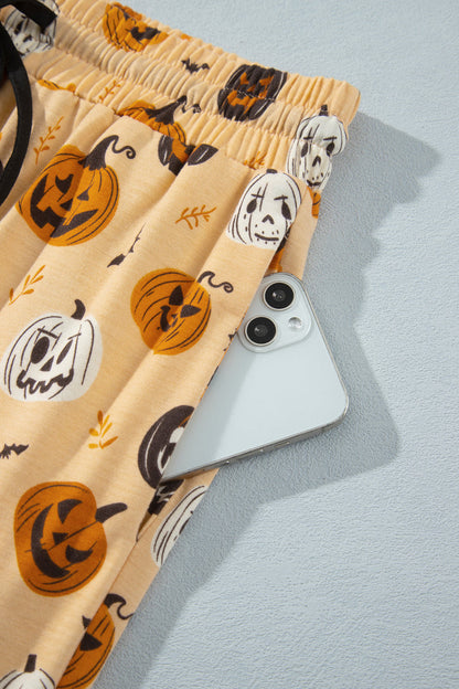Orange Halloween Pumpkin Print Two Piece Long Sleeve Lounge Set 🇺🇸