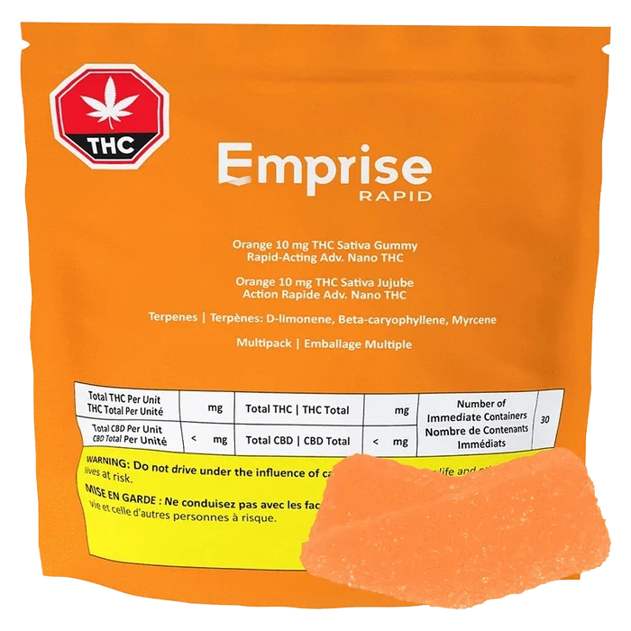 Front-facing shot of the orange bag labeled Emprise Rapid Orange THC Gummies with a single sugar-coated orange gummy in the foreground.