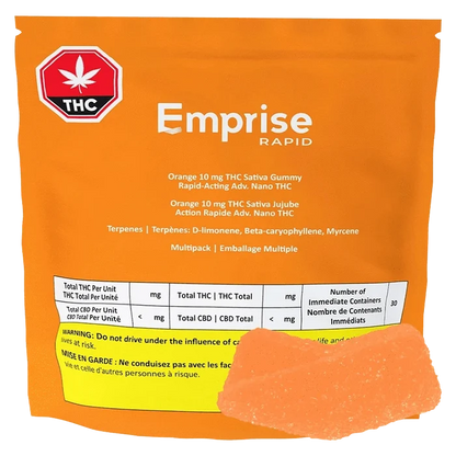 Front-facing shot of the orange bag labeled Emprise Rapid Orange THC Gummies with a single sugar-coated orange gummy in the foreground.