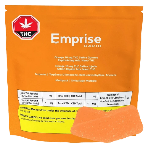 Front-facing shot of the orange bag labeled Emprise Rapid Orange THC Gummies with a single sugar-coated orange gummy in the foreground.