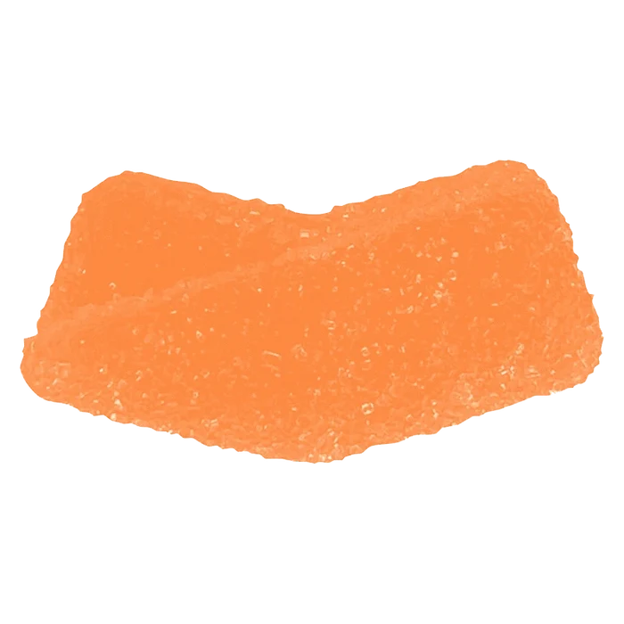 Close-up, top-down view of a single bright orange, sugar-coated Orange THC Gummies piece with a slightly curved, rectangular shape.