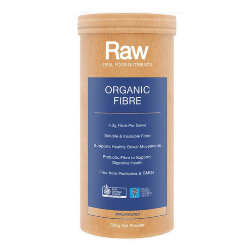 Container of Raw Organic Fibre - Unflavoured on a white background. Eco-friendly packaging.