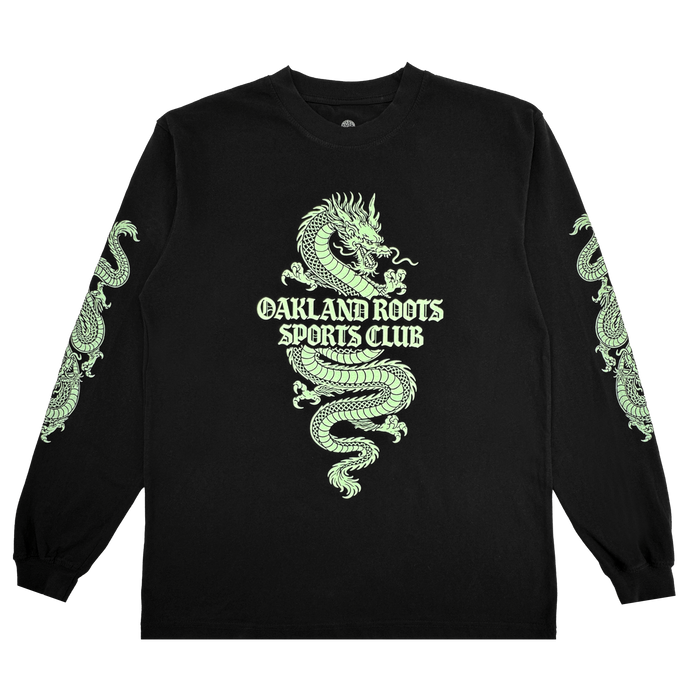 The ORSC Ryujin LS Tee by Oakland Roots SC is a black long-sleeve shirt with a bold neon-green dragon wrapped around “Oakland Roots Sports Club” on the chest and smaller dragon accents on the sleeves, shown laid flat on a white background.