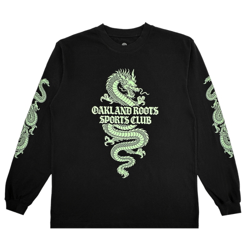The ORSC Ryujin LS Tee by Oakland Roots SC is a black long-sleeve shirt with a bold neon-green dragon wrapped around “Oakland Roots Sports Club” on the chest and smaller dragon accents on the sleeves, shown laid flat on a white background.
