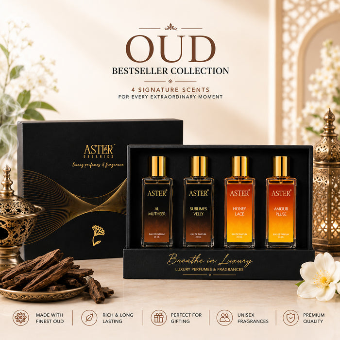 Four 20ml bottles of Oud perfume in a collection