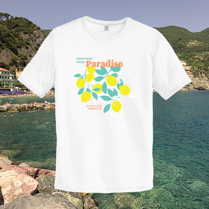 White Paradiso T-Shirt featuring a summer-themed lemon branch graphic and colorful text on front