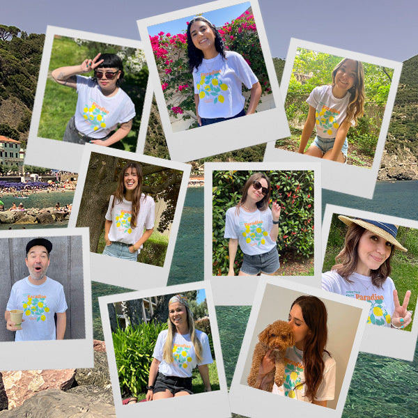Collage of diverse people wearing the Paradiso T-Shirt outdoors, showcasing the vintage-inspired summer design