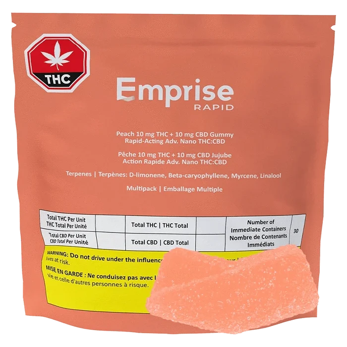 Front-facing shot of an orange pouch labeled Emprise Rapid Peach THC Gummies with a single sugar-coated peach gummy in the foreground.