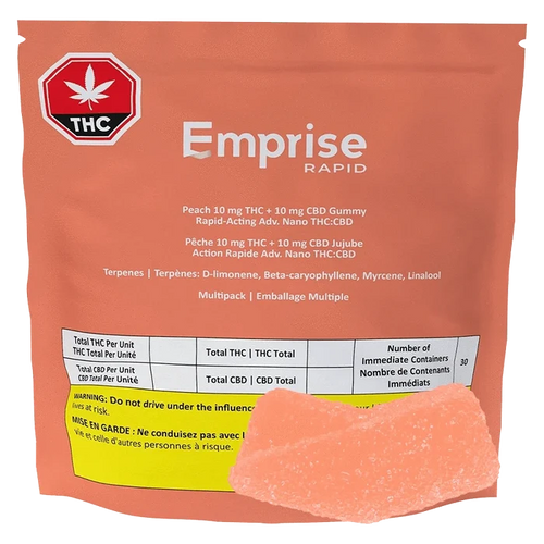 Front-facing shot of an orange pouch labeled Emprise Rapid Peach THC Gummies with a single sugar-coated peach gummy in the foreground.